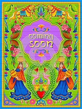 Colorful Coming Soon banner in truck art kitsch style of India