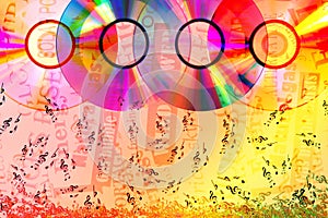 Colorful compact disks on Ð° abstract  background with falling notes
