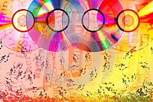 Colorful compact disks on ÃÂ° abstract  background with falling notes