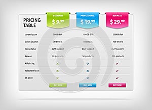 Colorful comparison pricing table template