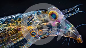 A colorful composite image of a rotifers anatomy showing its translucent body and sensory such as eyespots and antennae