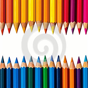 Colorful composition frame border made of vibrant pencils on white