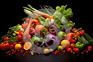 Colorful composition of fresh vegetables and fruits Assortment of fresh organic fruits and vegetables