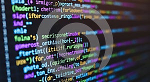 Colorful computer code glowing on screen software development programming technology abstract background