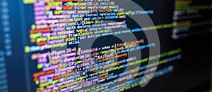 Colorful computer code on screen, programming language syntax highlighting, software development, coding, debugging, technology,