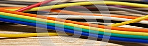 Colorful Computer Electrical Cable and Wire, Data Transfer or Internet Network. Banner, close up, selective focus