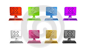 Colorful Computer with keyboard and x mark icon isolated on white background. Error window, exit button, cancel, 404