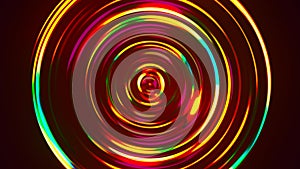 Colorful concentric neon circle. Multicolor RGB swirl background. Neon futuristic abstract magic circle. Spiral