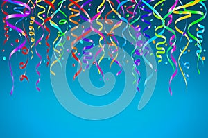 Colorful confetti on blue background. Celebration template ribbons. Vector illustration