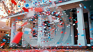 Colorful Confetti Explosion in Front of a Porch Celebrating Festive Occasion