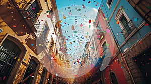 Colorful Confetti Explosion in Vibrant City Street