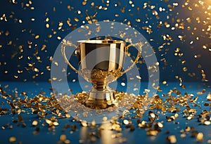 Colorful Confetti Falling over Gold Cup Sitting over Blue Background stock photoAward Trophy Award Winning Success