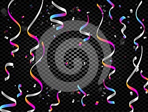 Colorful confetti falling and ribbons on black transparent background vector illustration. Party, festival, fiesta