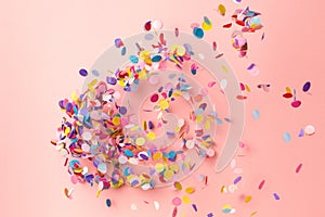 Colorful confetti on pastel pink background. Bright and festive holiday background