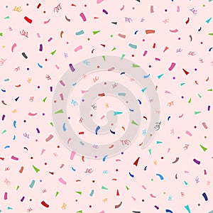 Colorful confetti on pink background. Cute festive seamless pattern.