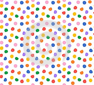 Colorful confetti polka dot seamless vector pattern. Blue, orange, yellow, pink, purple, green, red dots with textured