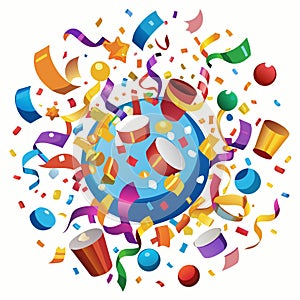 Colorful confetti and ribbons exploding around a blue spher