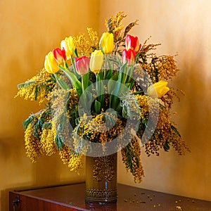 Colorful congratulatory spring bouquet of tulips and Mimosa in a clay vase. Small focus selected.