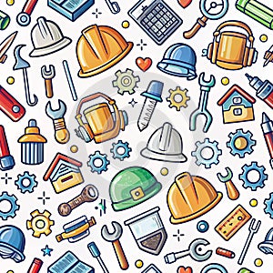 Colorful construction tools and equipment seamless pattern