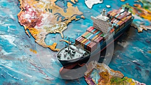 Colorful Container Ship Model on a World Map