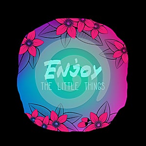 Colorful contrast neon glowing rounded background frame with purple flowers and black-stroked transparent leaves