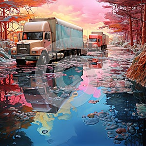 Colorful Convoy: Trucks Journeying Through a Vibrant Landscape