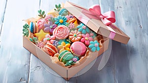 Colorful cookie macaroni and flowers in a gift box. Generated AI