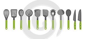 Colorful cooking utensil set of tools. Kitchen tools vector cartoon icons.