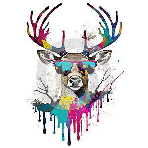 Colorful cool deer head wearing sunglasses for Sublimation Printing, Deer T-shirt Design Clipart, DTF DTG Printing, Hip hop Design