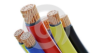Colorful copper cables and wires isolated on white background. 3D rendered illustration