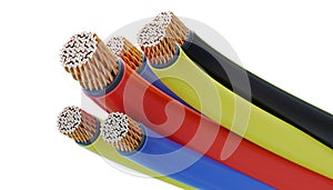 Colorful copper cables and wires isolated on white background. 3D rendered illustration