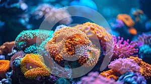 Colorful coral formations in sea. Reef. Concept of aquatic environment, coral conservation, scuba diving attraction, and