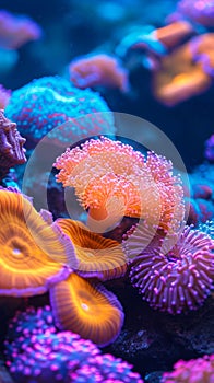 Colorful coral formations in sea. Reef. Concept of aquatic environment, coral conservation, scuba diving attraction, and