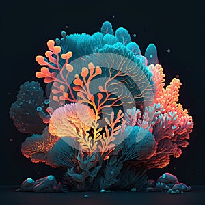 Colorful coral reef on dark background. 3d render illustration.