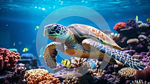 Colorful Coral Reef With Leatherback Sea Turtle - Stunning Underwater Photography