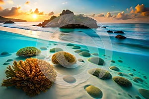 A colorful coral reef teeming with a variety of marine life in crystal-clear waters