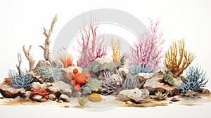 Colorful Coral Watercolor Illustration On Rocks