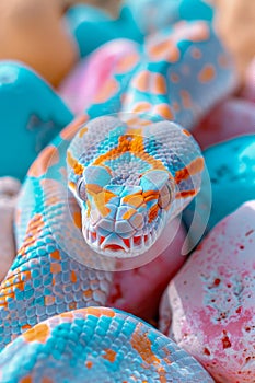 Colorful Corn Snake Pantherophis guttatus Coiled on Vibrant Easter Eggs Background, Exotic Pet Concept