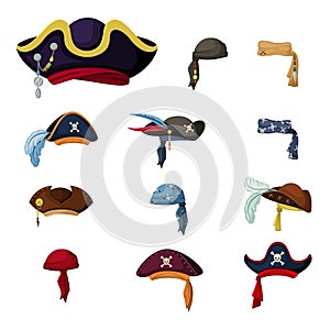 Colorful corsair and pirate hats set. Vintage headscarves and retro elaborate headwear with feathers symbols of captain