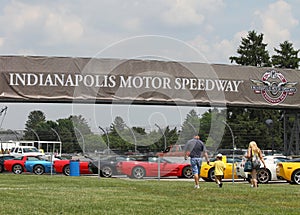 Colorful Corvettes in line at the Indianapolis Motor Speedway Parking Lot