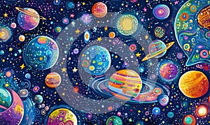 Colorful cosmic scene featuring various planets and celestial bodies in space