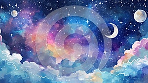 Colorful cosmic sky with a moon, stars, and fluffy clouds. Watercolor illustration.