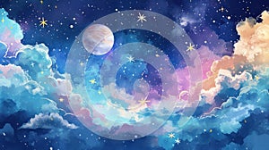 Colorful cosmic sky with a moon, stars, and fluffy clouds. Watercolor illustration.