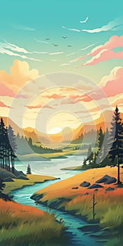 Colorful Countryside Illustration With Forest And Dunes