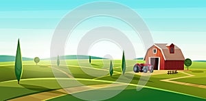 Colorful countryside landscape with a barn and tractor on the hill. Rural location. Cartoon modern vector illustration