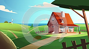 Colorful countryside landscape with a beautiful village house. Rural location. Cartoon modern vector illustration