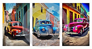 Colorful Coupe car on the streets. Multicolor old building. modern canvas wall poster