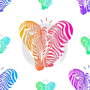 Colorful couple zebra head in heart shape