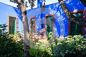 Colorful courtyard at the Frida Kahlo Museum in Mexico City