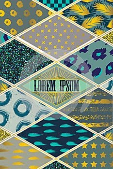 Colorful cover in patchwork style in turquoise shades with gold elements.